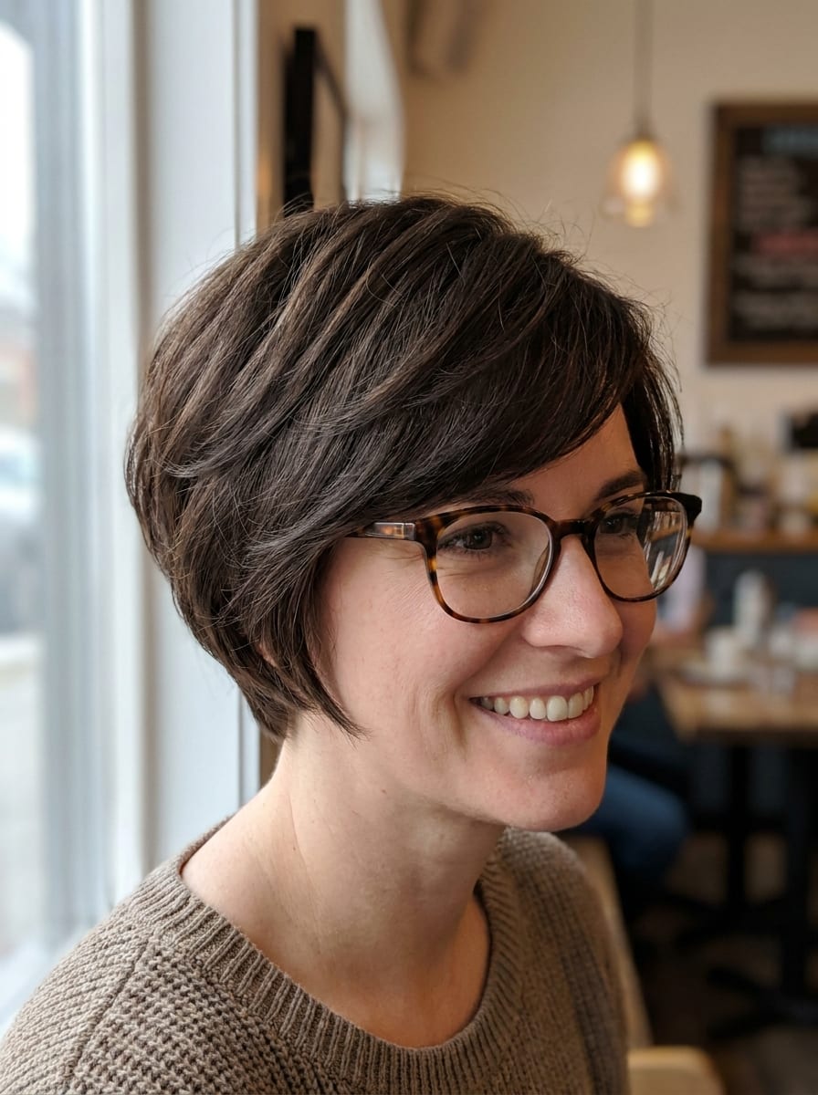 Kurze Frisur mit Brille für dickes Haar - Kurzhaarfrisur mit Brille